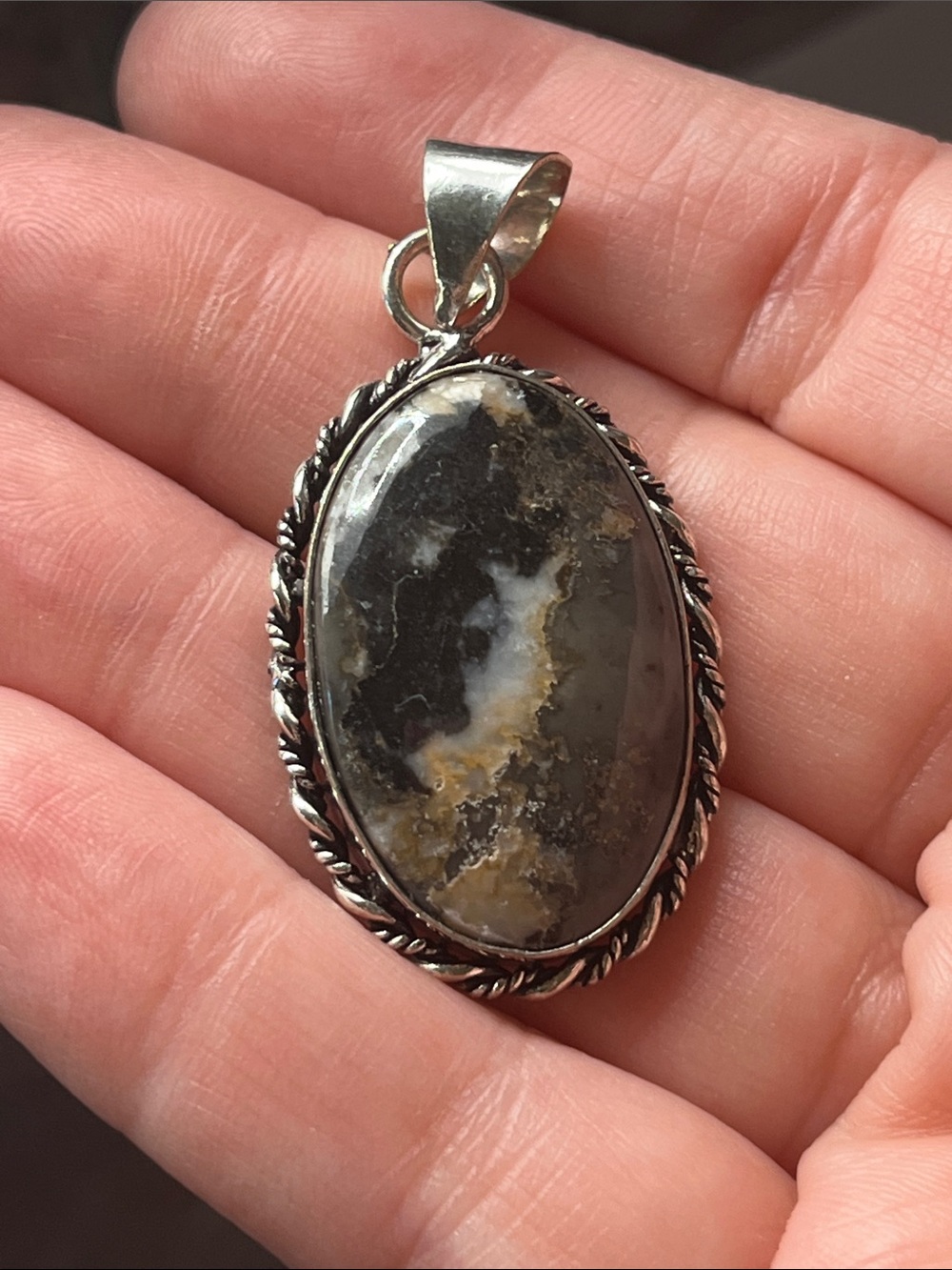 925 Sterling Silver Moss Agate Oval Pendant NWOT
